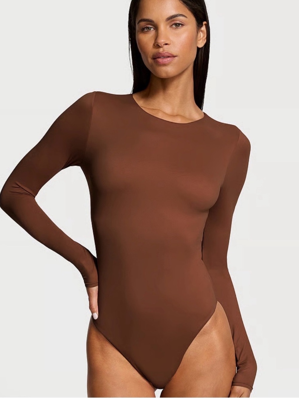 💙 NWT Victoria’s Secret BODYWEAR feather Soft Long Sleeve Brown Thong Bodysuit